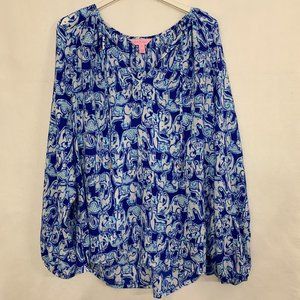 Lilly Pulitzer Willa Getting Trunky Elephant Top Large Bomber Blue